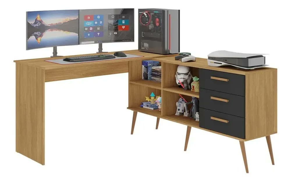 Mesa Gamer em L para Computador com 3 Gavetas Nexus Multimóveis MP6048 Madeirado/Preto