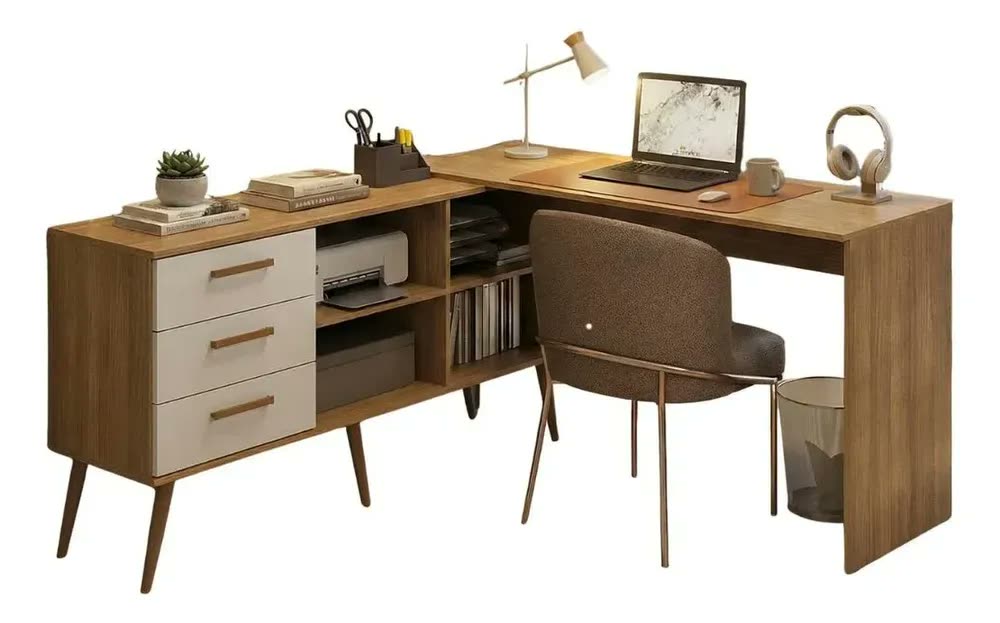 Mesa de Escritório em L com 3 Gavetas Porto Multimóveis MP6044 Madeirado/Branco