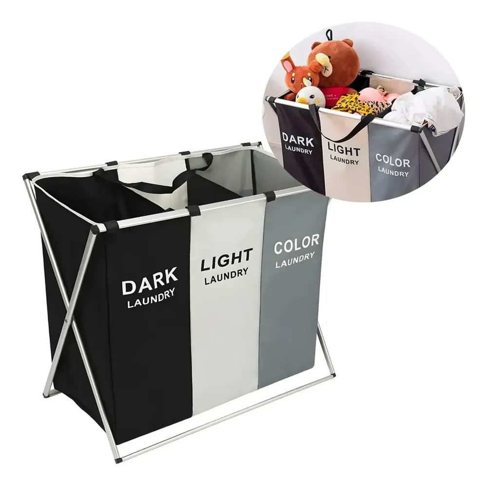 Cesto De Roupas Organizador Dobrável Com 3 Divisórias Colorido Liso