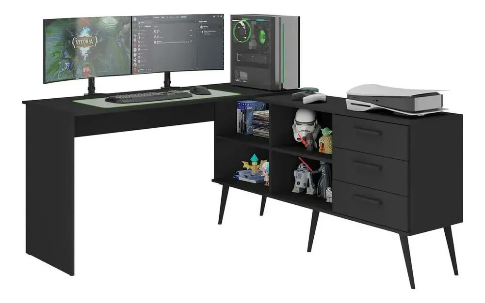 Mesa Gamer Em L Com 3 Gavetas Nexus Multimóveis Mp6048 Preto