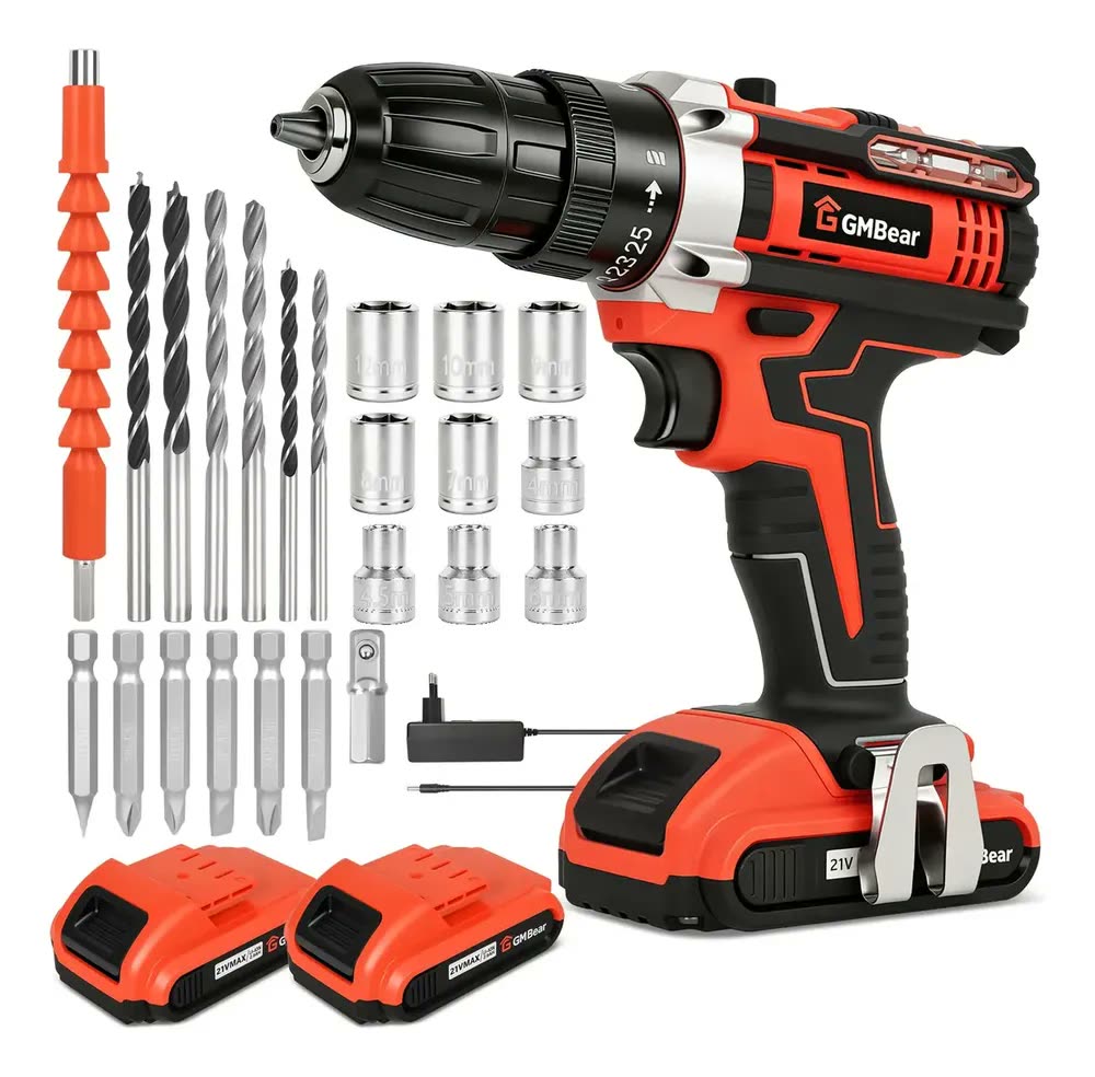 Parafusadeira e Furadeira de Impacto GM Bear Sem Fio 21V, Com 2 Baterias e Kit de 28 Acessórios