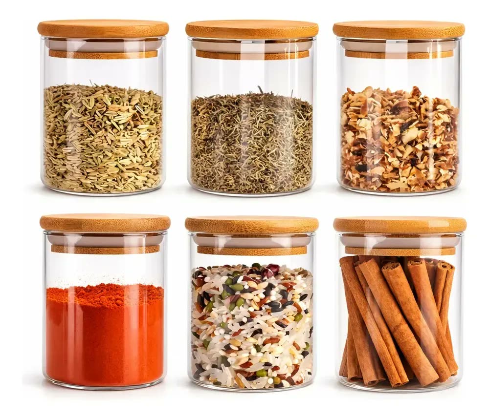 Kit 6 Potes De Vidro Herméticos Com Tampa De Bambu De 200ml Para Mantimentos Alimentos Grãos Café Massas Cereais Cozinha Com Vedação Hermética Vidro Borossilicato Livre Bpa Transparente