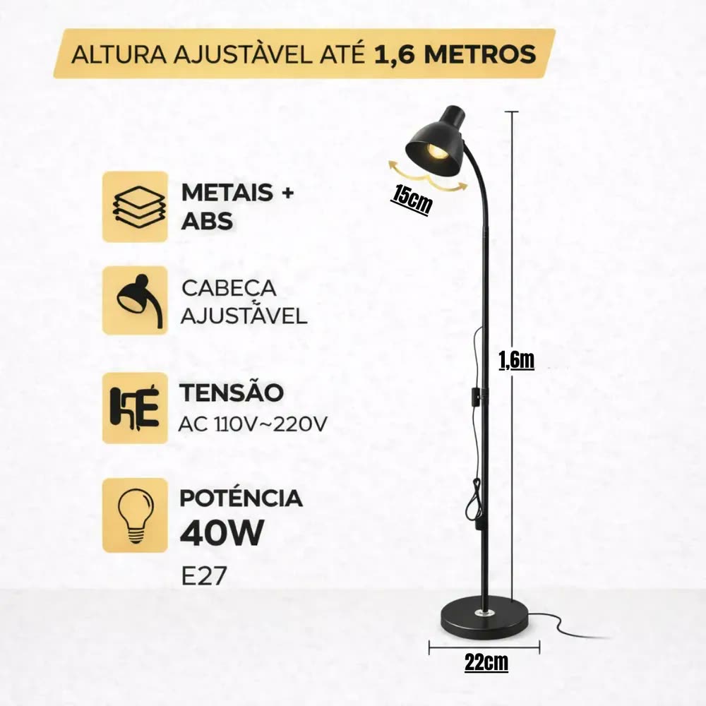 Luminária De Chão Abajur Articulada 1,6m Pedestal Coluna Cúpula Preto Flexível De Piso Quarto Sala Leitura Bivolt Bravvi