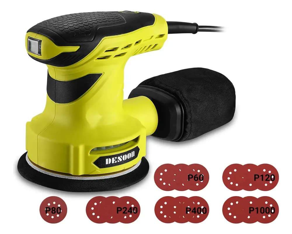Lixadeira Orbital 300w Real Profissional 125mm Com Auto Vácuo 14000rpm Coletor De Pó + 16 Lixas Kit Completo 127v Desoon