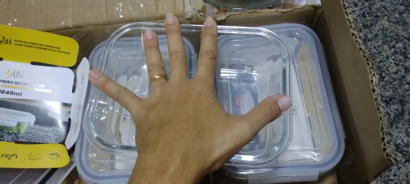 foto de Kit 5 Potes Herméticos Vidro Transparente Retangular 1040ml Marmita Micro-ondas Cozinha