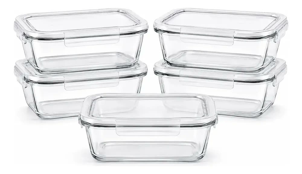 foto de Kit 5 Potes Herméticos Vidro Transparente Retangular 1040ml Marmita Micro-ondas Cozinha