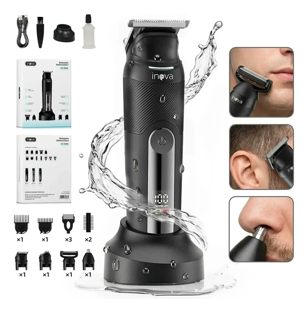 foto de Barbeador Elétrico 5 em 1 Inova Multigroom, para Barba e Corpo com 8 Pentes e LED