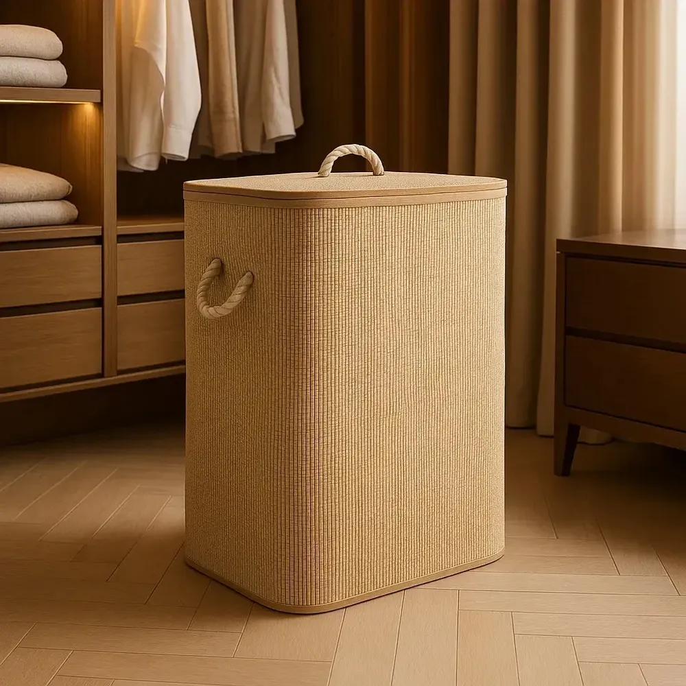 foto de Cesto Bambu Dobrável Lyor 60l Tampa Cesto Roupa Suja Organizador Banheiro Quarto Ecológico Retangular Com Tampa E Forro Multiuso Tattoo Style