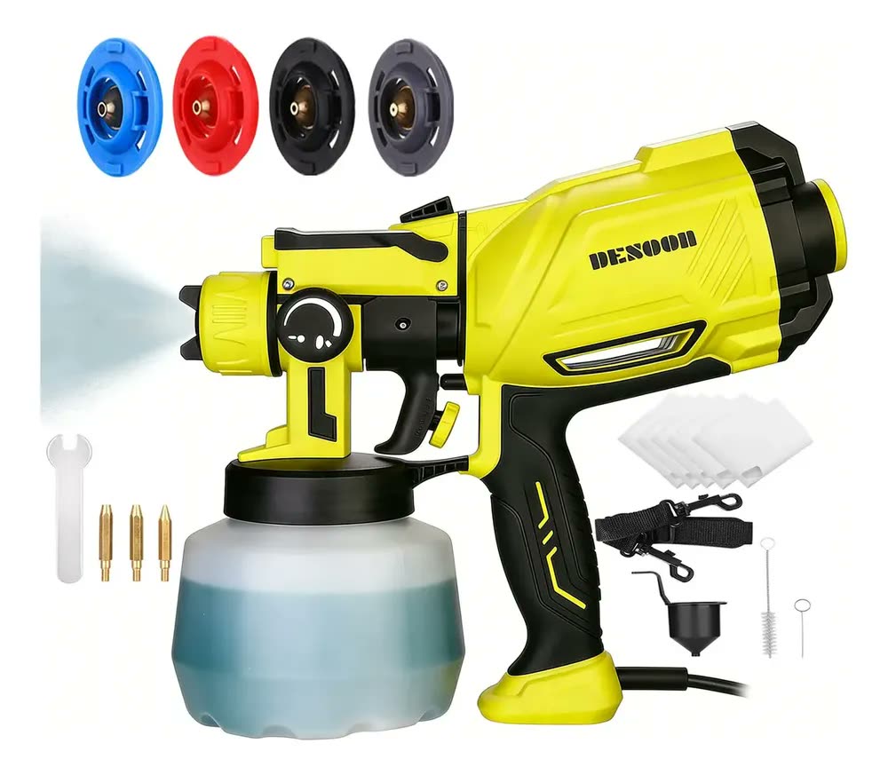 Pistola De Pintura 1600w Real Profissional 1200ml Elétrica Pulverizador 3 Regulacoes De Spray Com 4 Bicos Cobre E Acessórios 127v Desoon