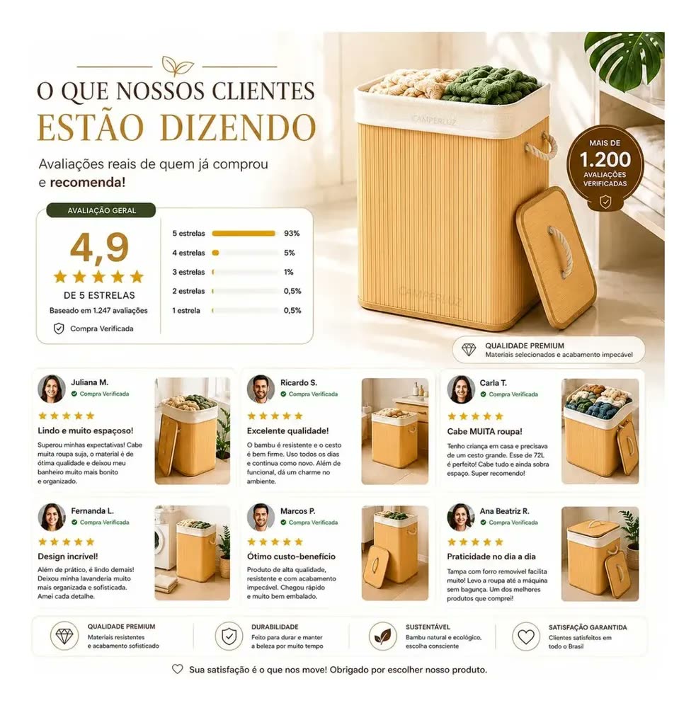 Cesto Organizador de Roupa Camperluz Retangular de Bambu Dobrável Com Tampa e Alças