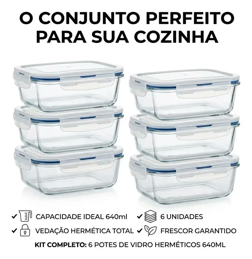 Kit 6 Potes De Vidro Herméticos Retangulares 640ml Com Tampa De 4 Travas Vedação Antivazamento Para Marmitas Freezer Micro-Ondas Forno Sem Tampa Lava-Louças Organização Casa - Shokki