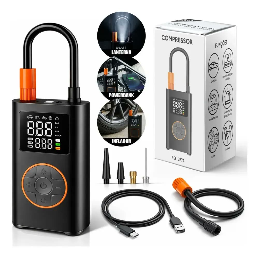 Compressor de Ar Digital Portátil Lumi, Sem Fio, Para Carro e Moto