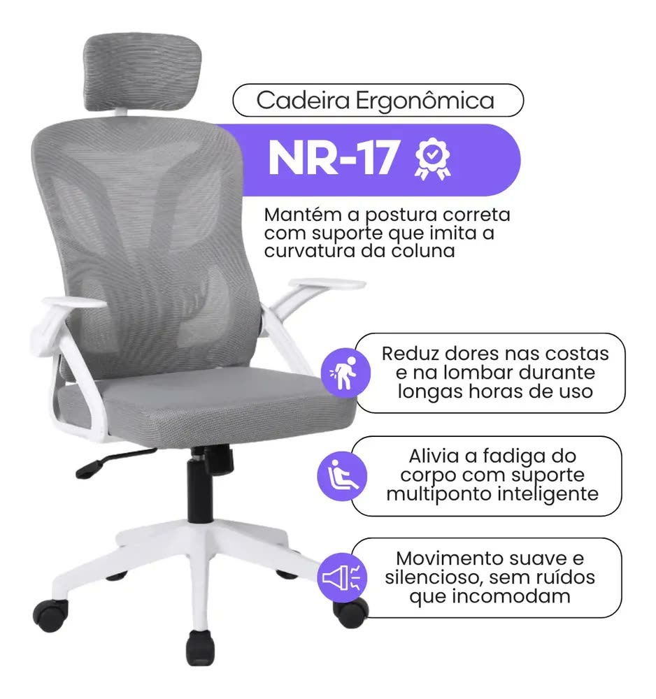 Cadeira De Escritorio Ergonomica Nr17 Glorious Marqs Home Giratoria Resistente Reforçada 180kg Confortavel Reuniao Mesh Cinza