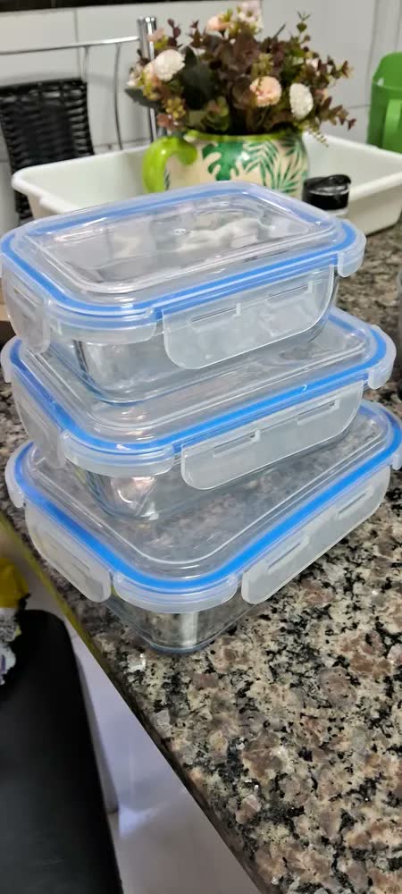 foto de Conjunto 3 Potes Vidro Hermético 370ml 640ml 1040ml Marmita Borossilicato Tampa Trava Microondas Freezer Geladeira Alimentos Cozinha Kit Organizador Comida Lhp