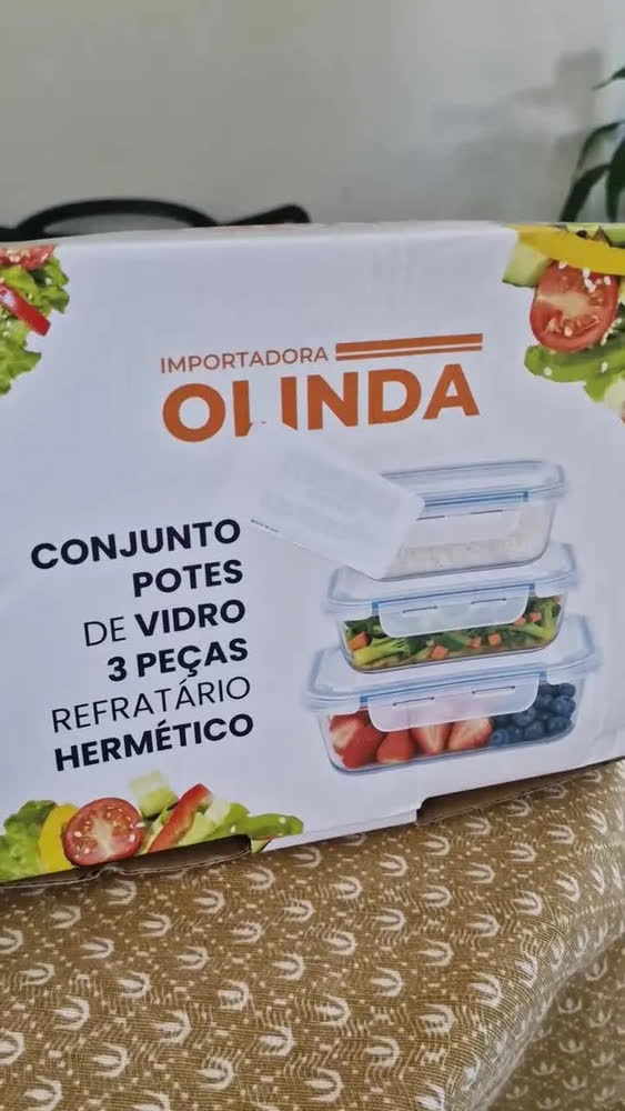 foto de Conjunto 3 Potes Vidro Hermético 370ml 640ml 1040ml Marmita Borossilicato Tampa Trava Microondas Freezer Geladeira Alimentos Cozinha Kit Organizador Comida Lhp