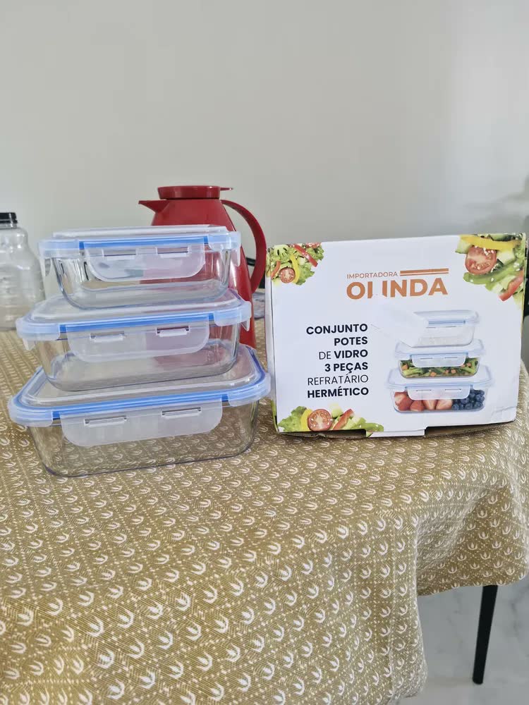 foto de Conjunto 3 Potes Vidro Hermético 370ml 640ml 1040ml Marmita Borossilicato Tampa Trava Microondas Freezer Geladeira Alimentos Cozinha Kit Organizador Comida Lhp