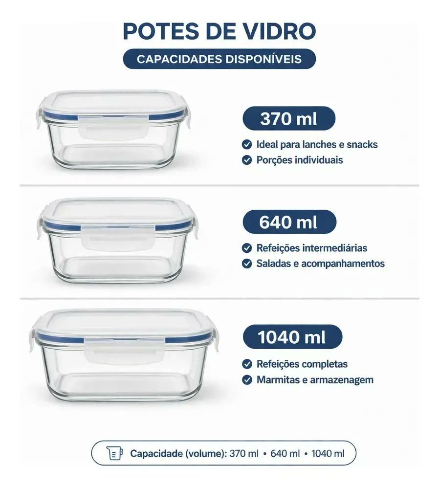 foto de Conjunto 3 Potes Vidro Hermético 370ml 640ml 1040ml Marmita Borossilicato Tampa Trava Microondas Freezer Geladeira Alimentos Cozinha Kit Organizador Comida Lhp