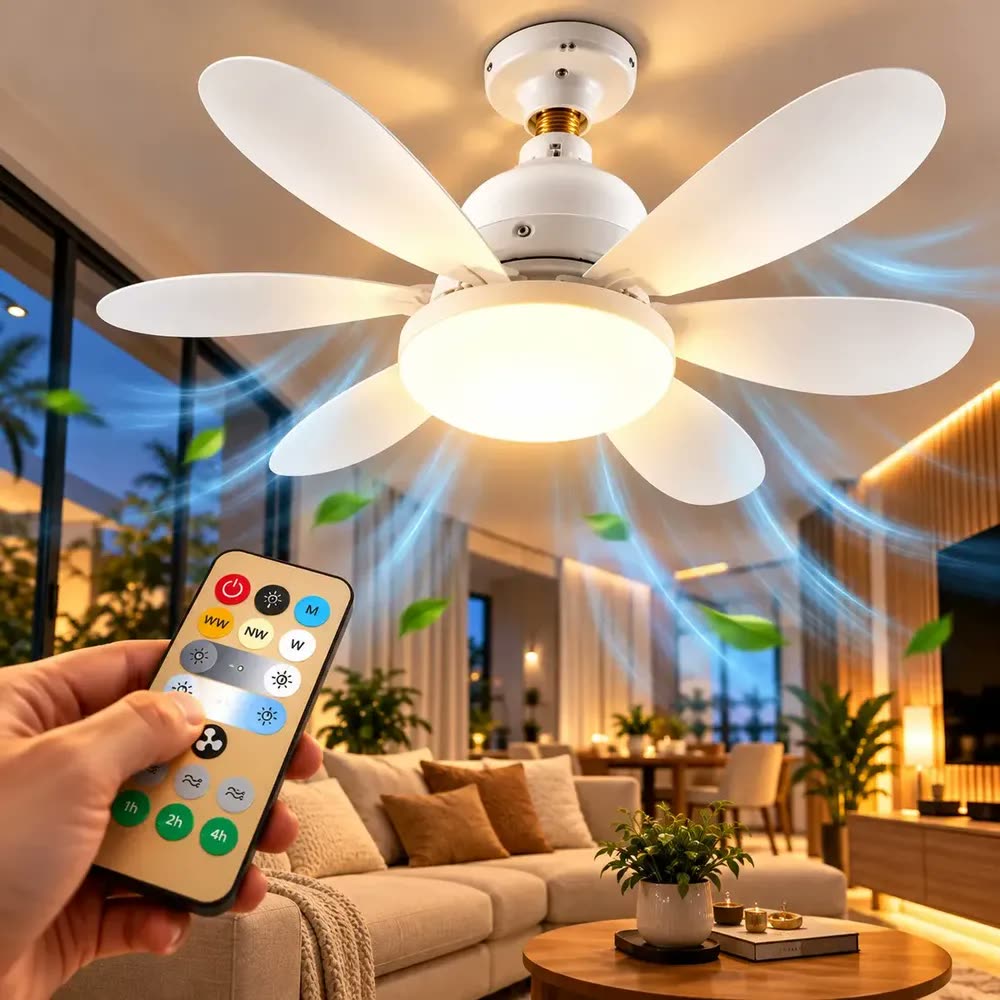 Ventilador De Teto Econômico 6 Pás Maxnova Bocal Com Controle Remoto Lâmpada Luz Led 3 Tons Quarto Sala Cozinha Escritório