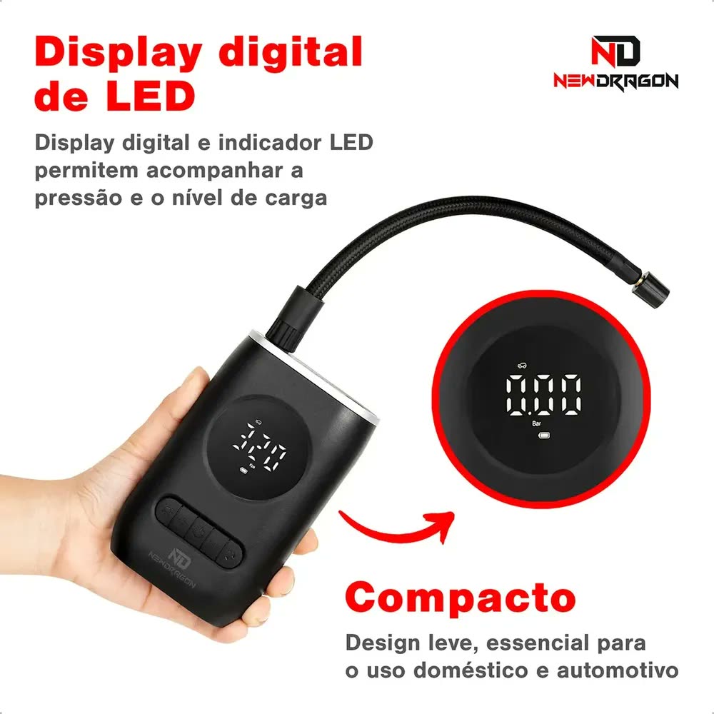 Compressor de Ar Digital Portátil Newdragon Para Encher Pneu de Carro e Moto