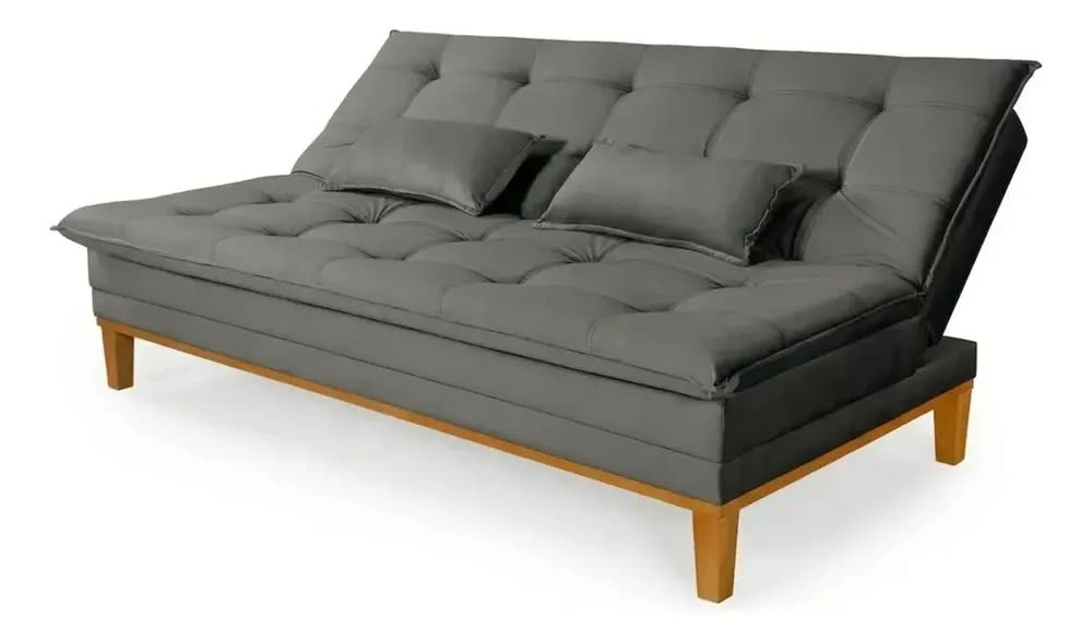 Sofá Cama Mobly 2 Lugares Reclinável 140cm Em Veludo Cinza Pés Madeira Moderno Prime Home