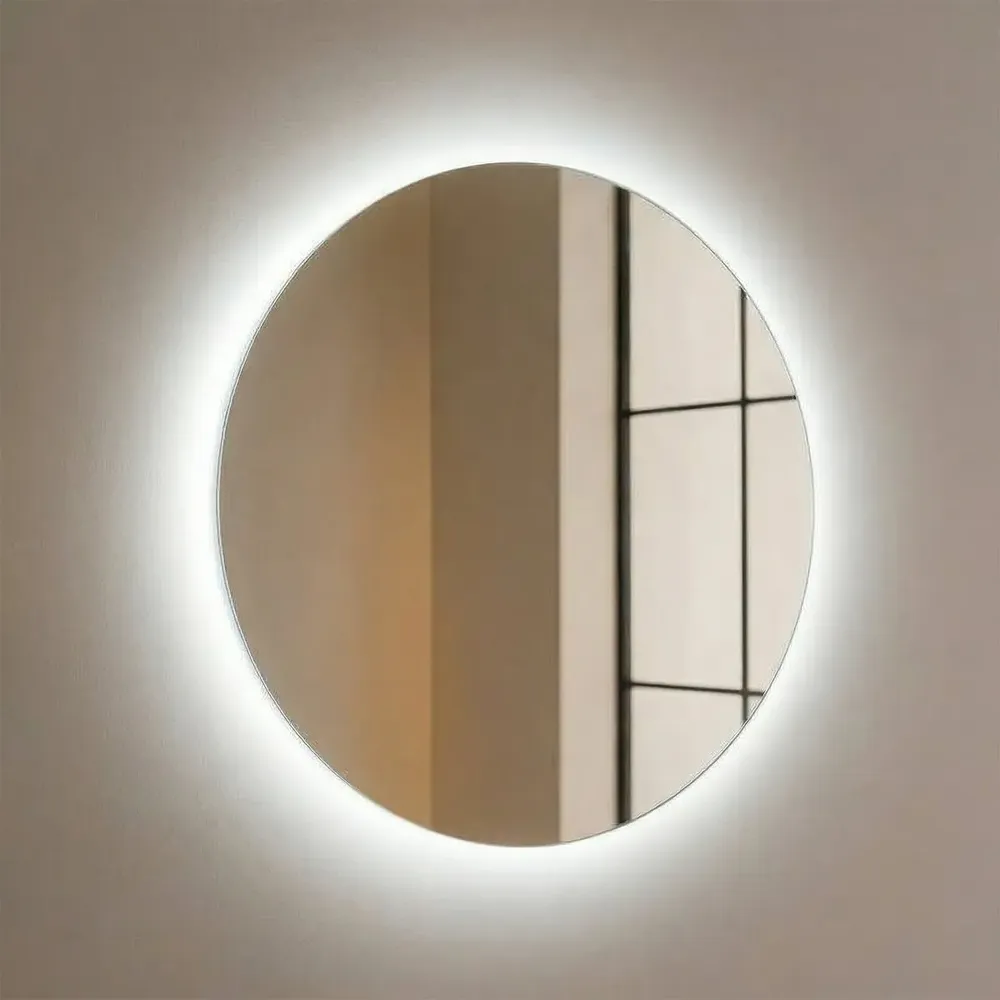foto de Espelho Redondo 60cm Led Frio Lapidado E Polido 3mm + Suporte E Kit Instalação, Fonte Bivolt Caixa Reforçada Mf930 Mega Forte Iluminação