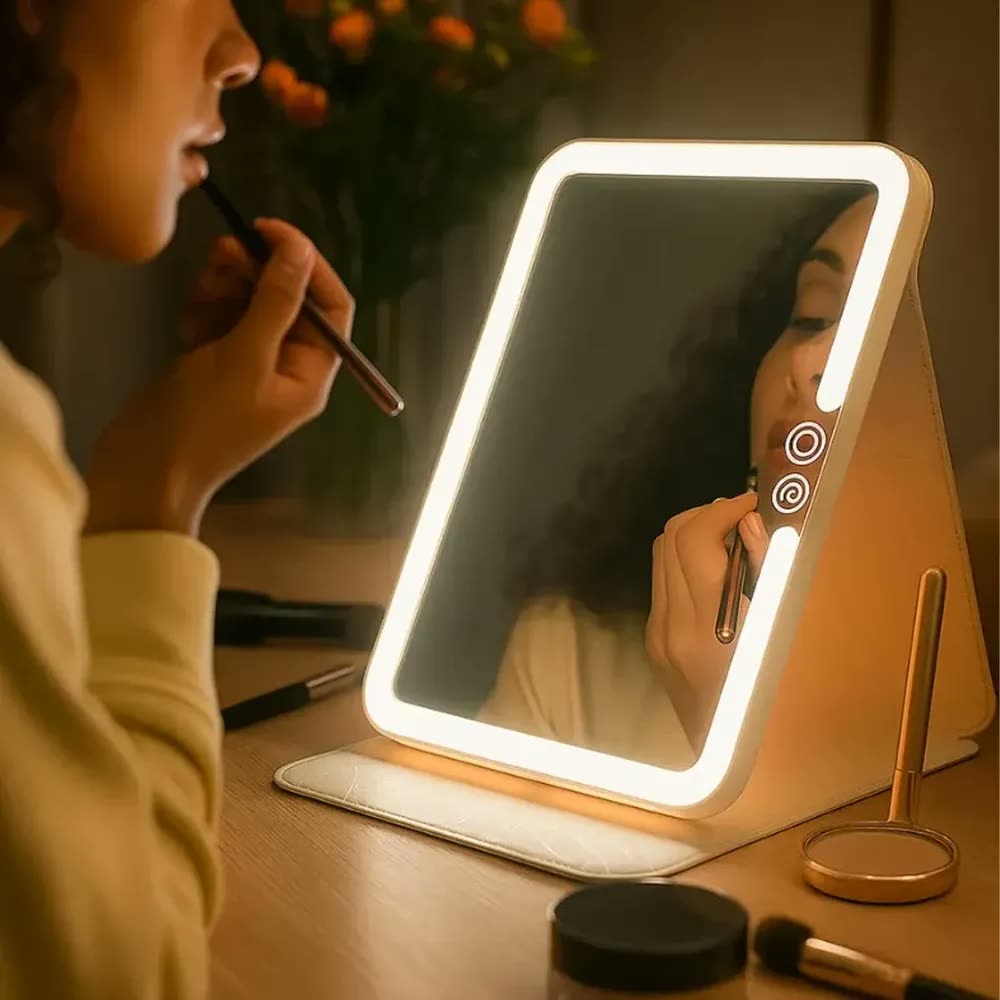 Espelho Led 3 Cores Touch Usb Recarregável Rosa Maquiagem