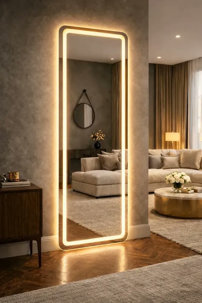 Espelho Orgânico Luxo 170cm Led Bivolt Neutro 4000k Decorativos Led Jateado Polido Corpo Inteiro Para Usar Em Sala Closet Quarto Camarim Hall Salão Banheiro Iluminação Moderno Premium E14 Vmex