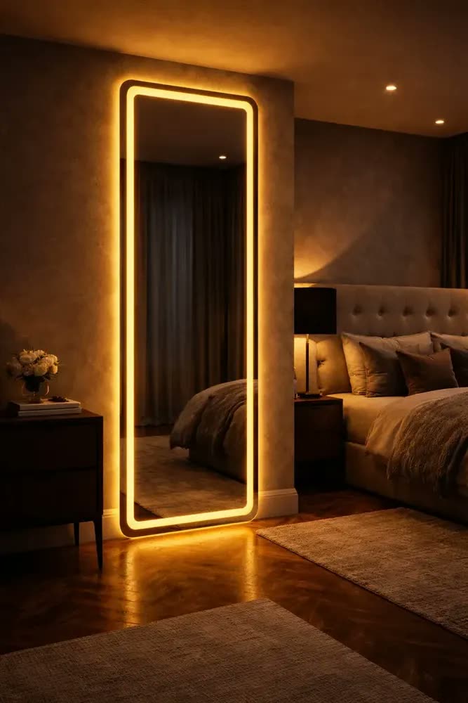 foto de Espelho Orgânico Luxo 170cm Led Bivolt Quente 3000k Decorativos Led Jateado Polido Corpo Inteiro Para Usar Em Sala Closet Quarto Camarim Hall Salão Banheiro Iluminação Moderno Premium E14 Vmex