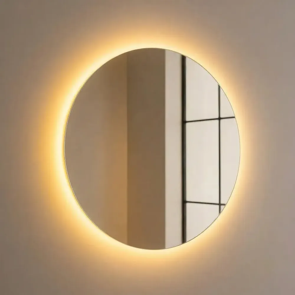 foto de Espelho Redondo 60cm Led Quente Lapidado E Polido 3mm + Suporte E Kit Instalação, Fonte Bivolt Caixa Reforçada Mf930 Mega Forte Iluminação