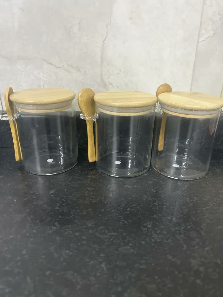 foto de Kit 3 Potes Herméticos Vidro Borossilicato 550ml Tampa Bambu Colher Porta Mantimentos Café Açúcar Sal Temperos Condimentos Alimentos Secos Organizador Cozinha Vedação Silicone Hermético Honey Play Box