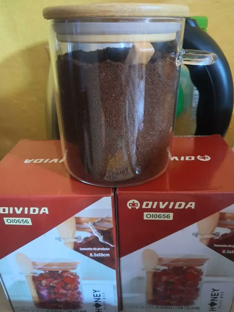 foto de Kit 3 Potes Herméticos Vidro Borossilicato 550ml Tampa Bambu Colher Porta Mantimentos Café Açúcar Sal Temperos Condimentos Alimentos Secos Organizador Cozinha Vedação Silicone Hermético Honey Play Box