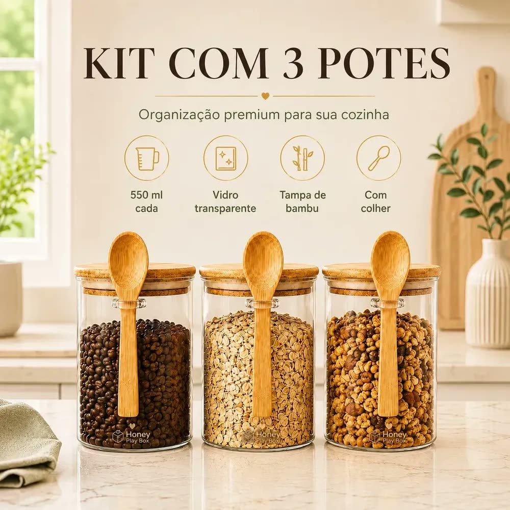 Kit 3 Potes Herméticos Vidro Borossilicato 550ml Tampa Bambu Colher Porta Mantimentos Café Açúcar Sal Temperos Condimentos Alimentos Secos Organizador Cozinha Vedação Silicone Hermético Honey Play Box