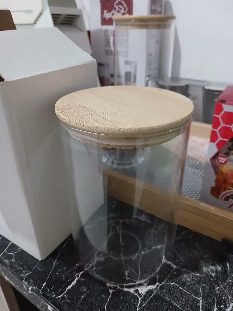 foto de Pote Hermético Vidro 800ml Tampa Bambu Mantimentos Cozinha