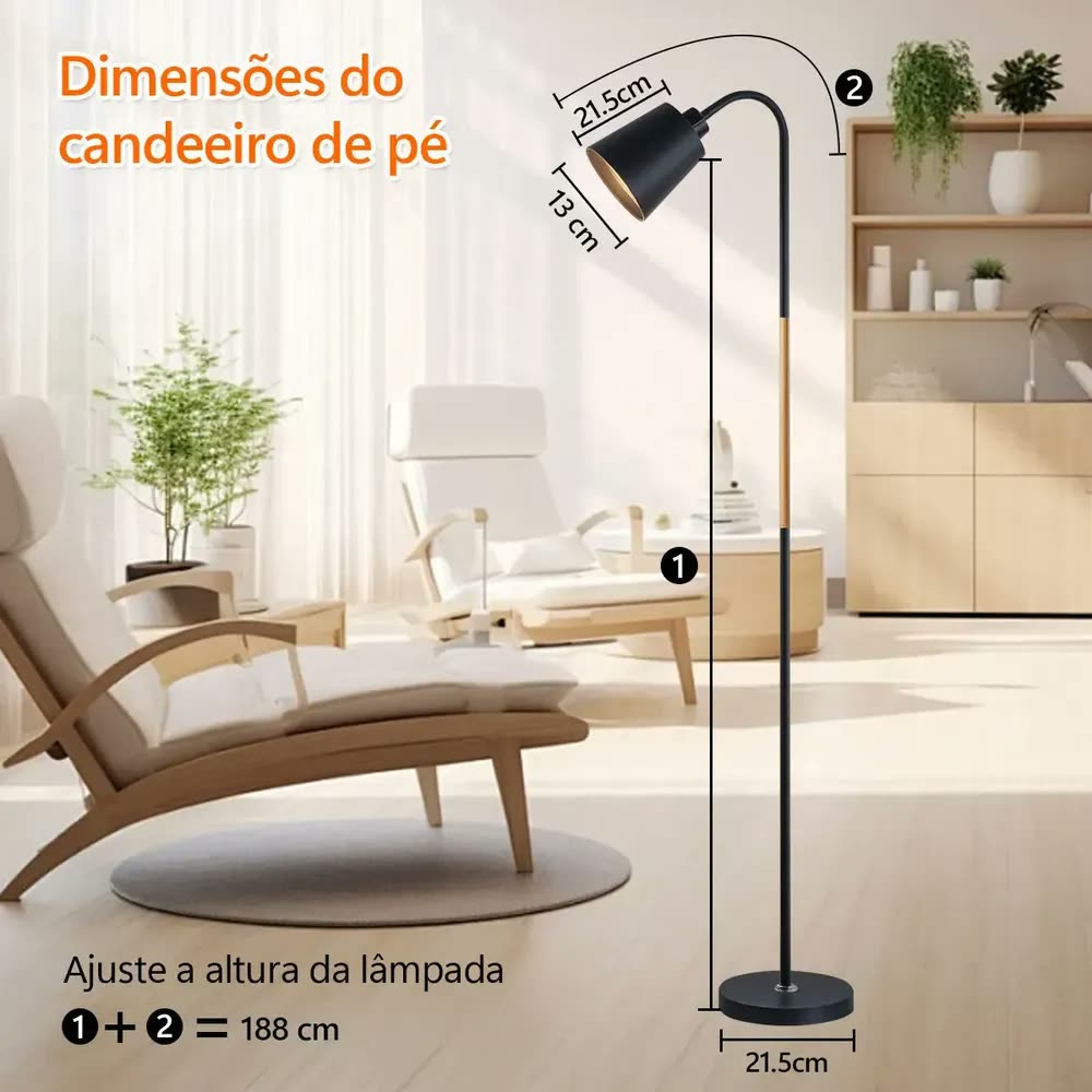 Luminária Abajur Chão Moderna Decorativa Para Quarto Preto Preto-dourado