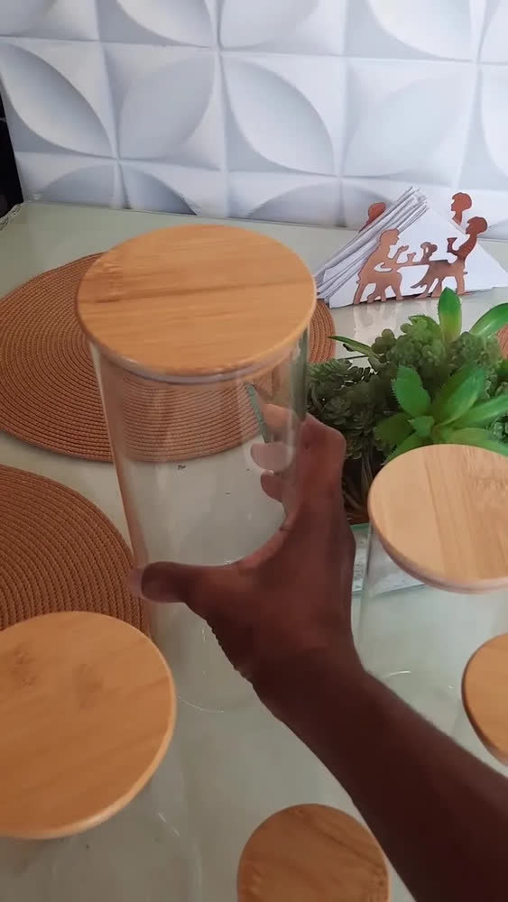 foto de Potes Herméticos de Vidro Com Tampa de Bambu Para Alimentos - Kit 5 SHOKKI