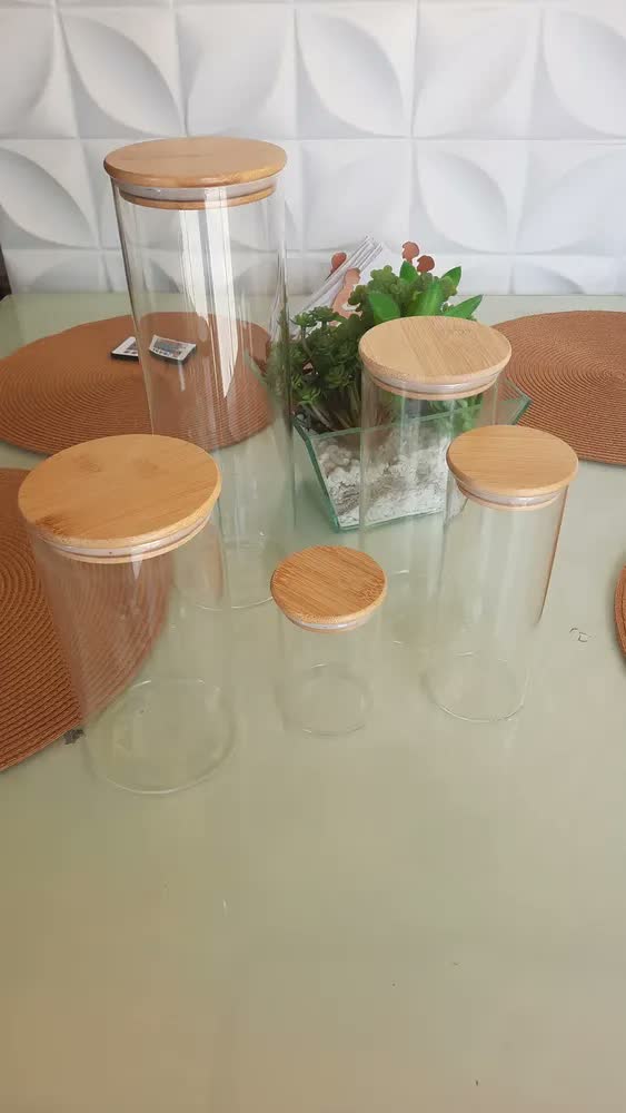 foto de Potes Herméticos de Vidro Com Tampa de Bambu Para Alimentos - Kit 5 SHOKKI