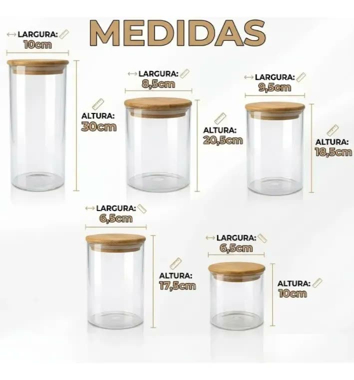 Potes Herméticos de Vidro Com Tampa de Bambu Para Alimentos - Kit 5 SHOKKI
