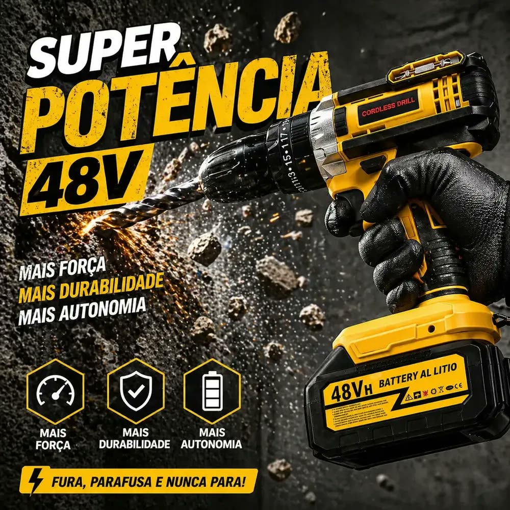 Furadeira Parafusadeira 48v Com 2 Baterias Recarregáveis Maleta Mandril 10mm Torque 32n.m 0-400/0-1400 Rpm Velocidade... Amarelo