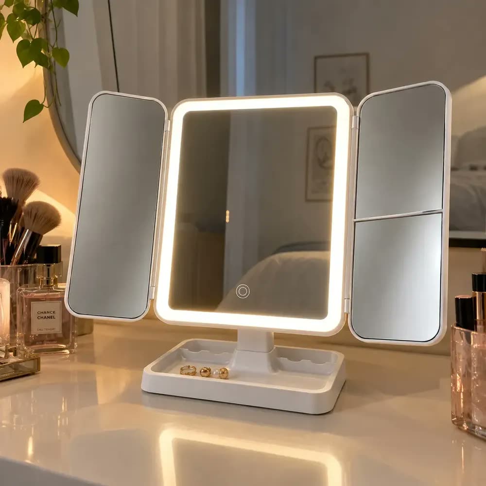 foto de Espelho de Maquiagem com LED Ajustável 3 Tons de Luz Espelho de Mesa Dobrável com Aumento 2x e 3x Controle Touch Base Organizadora Rotação 180° para Maquiagem e Cuidados Pessoais