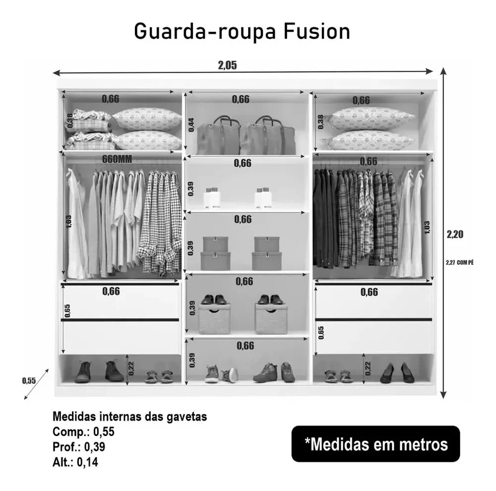 Guarda Roupa Casal Fusion C/ Esp. 100% Mdf Bom Pastor Naturale/off