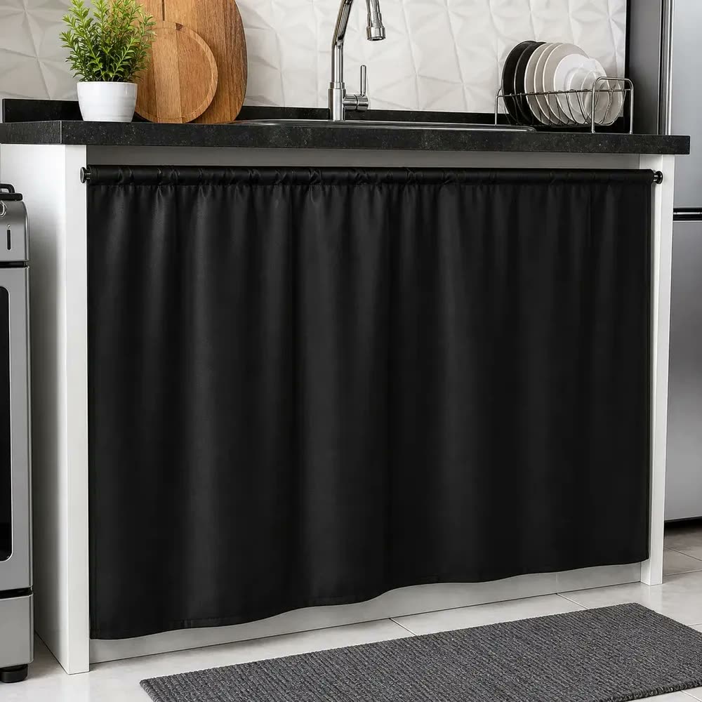 Cortina Para Pia De Cozinha Balcão Blackout Lisa 1,40x80cm Preto