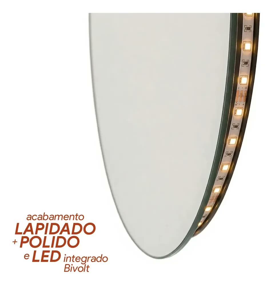 Espelho Organico Led Quente 60cm Lapidado E Polido 3mm Eva Reforçado + Fonte Bivolt E Kit Instalação Mf935