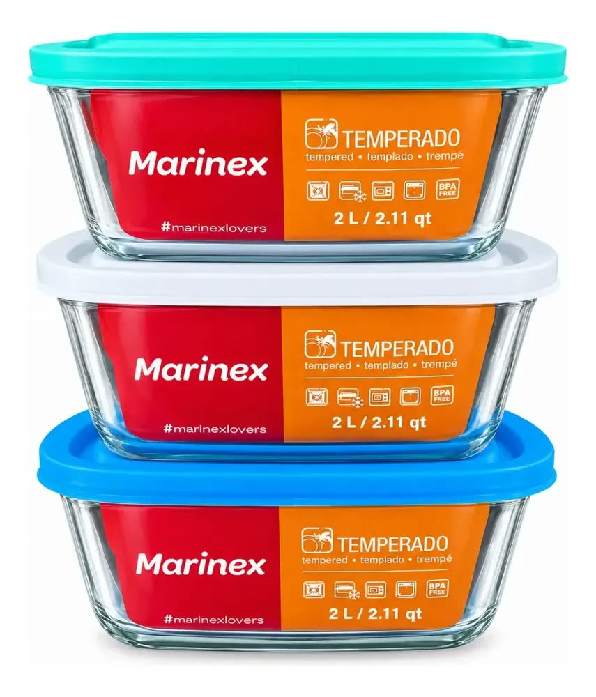 foto de Kit 3 Potes Marinex Facilita 2L Vidro Tampa Colorida