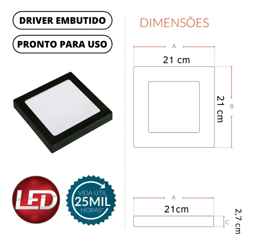 foto de Plafon Led Quadrado Sobrepor Estrutura Preta Bivolt 110v/220v Painel Luminária Com Driver 18w Slim 20x20 Teto Quarto Sala Cozinha Corredor Escritório Forro Gesso Pvc Madeira Vmd Homecenter