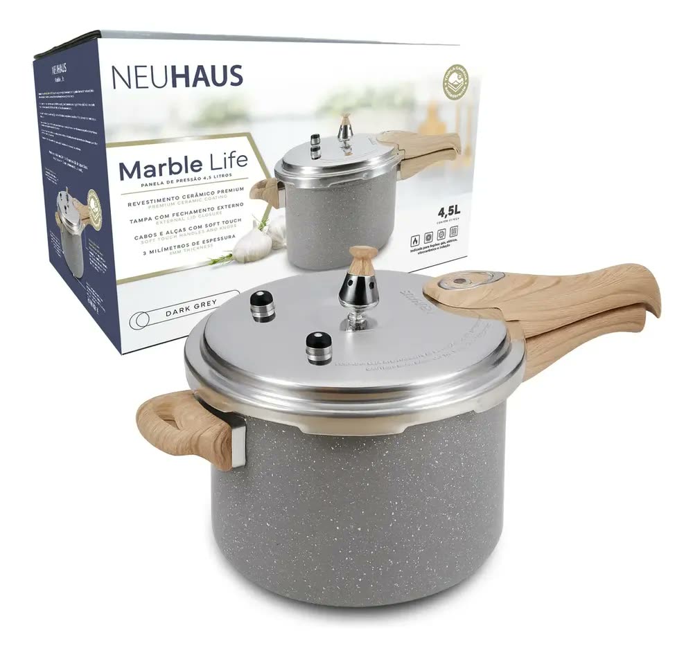 foto de Panela de Pressão 4,5L Marble Life Neuhaus - Revestimento Antiaderente em Cerâmica com Acabamento Marmorizado na Cor Dark Grey, Base compatível com Indução, Alça e Cabo com Revestimento Suave ao Toque