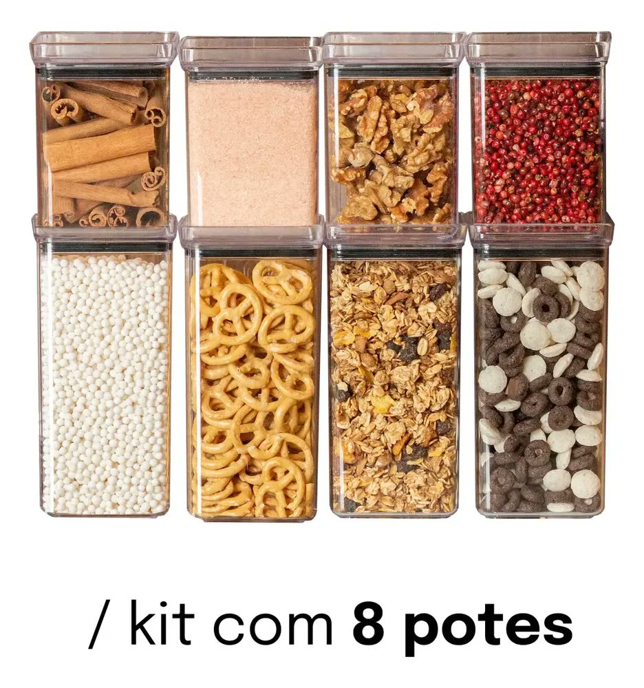 foto de Kit 8 Potes Porta Mantimento Hermético Paramount Lumini | Armazenamento Alimentos Cozinha Organizador Despensa Potes Empilháveis Transparente Vedação Hermetica Conserva Grãos Farinha Massas