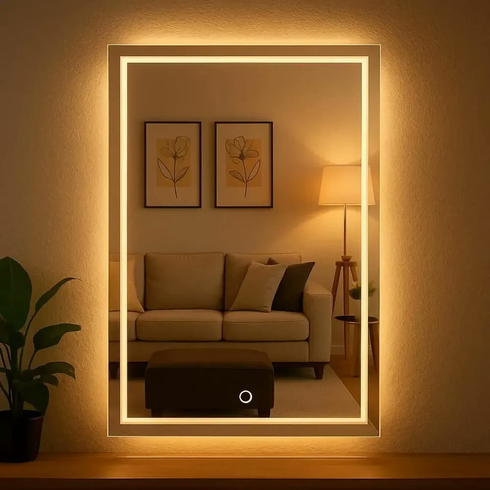 Espelho Jateado Iluminado Com Led 70x50 Retangular Lapidado Moldura Led Neutro