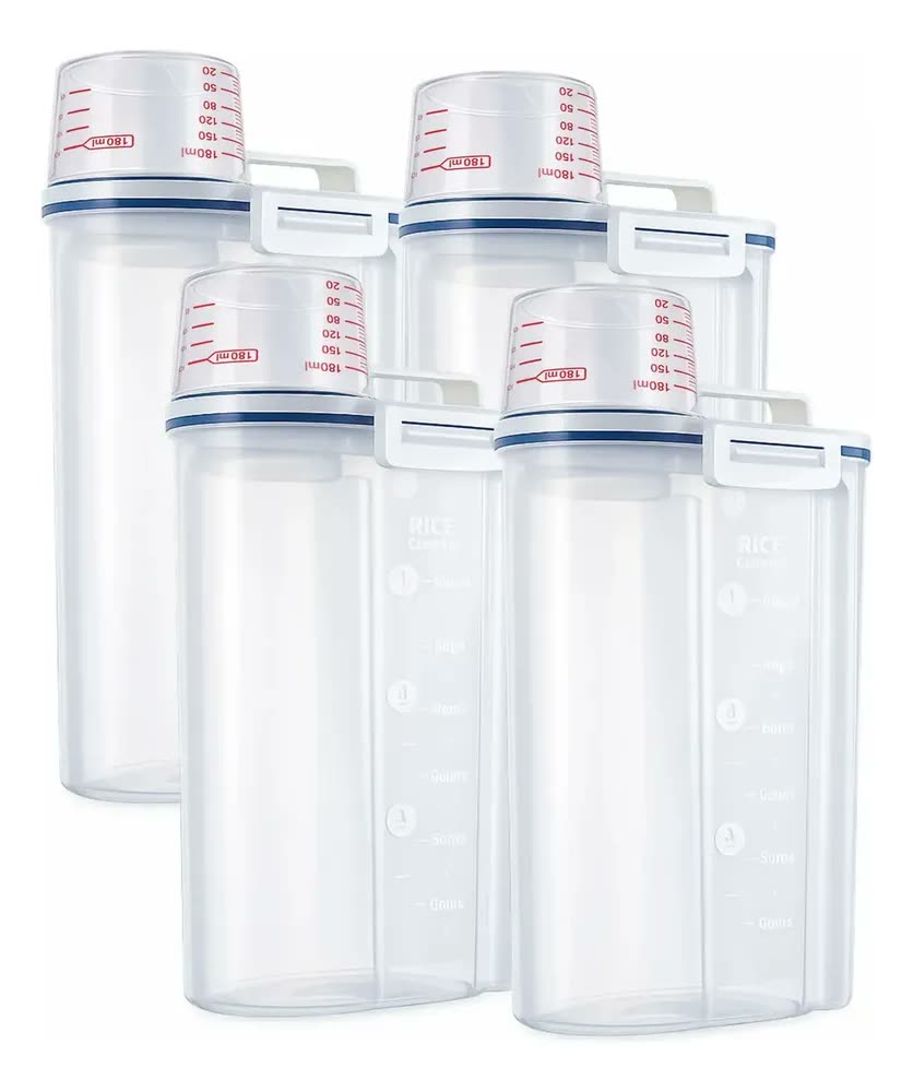 Conjunto 4 Potes Herméticos 2,5 Litros Multiuso Dispenser De Armazenamento De Grãos Cereais Ração Sabão Com Copo Medidor E Bico Dosador Com Travas Dispenser Alimento 2,5 Litros Drop Shopy