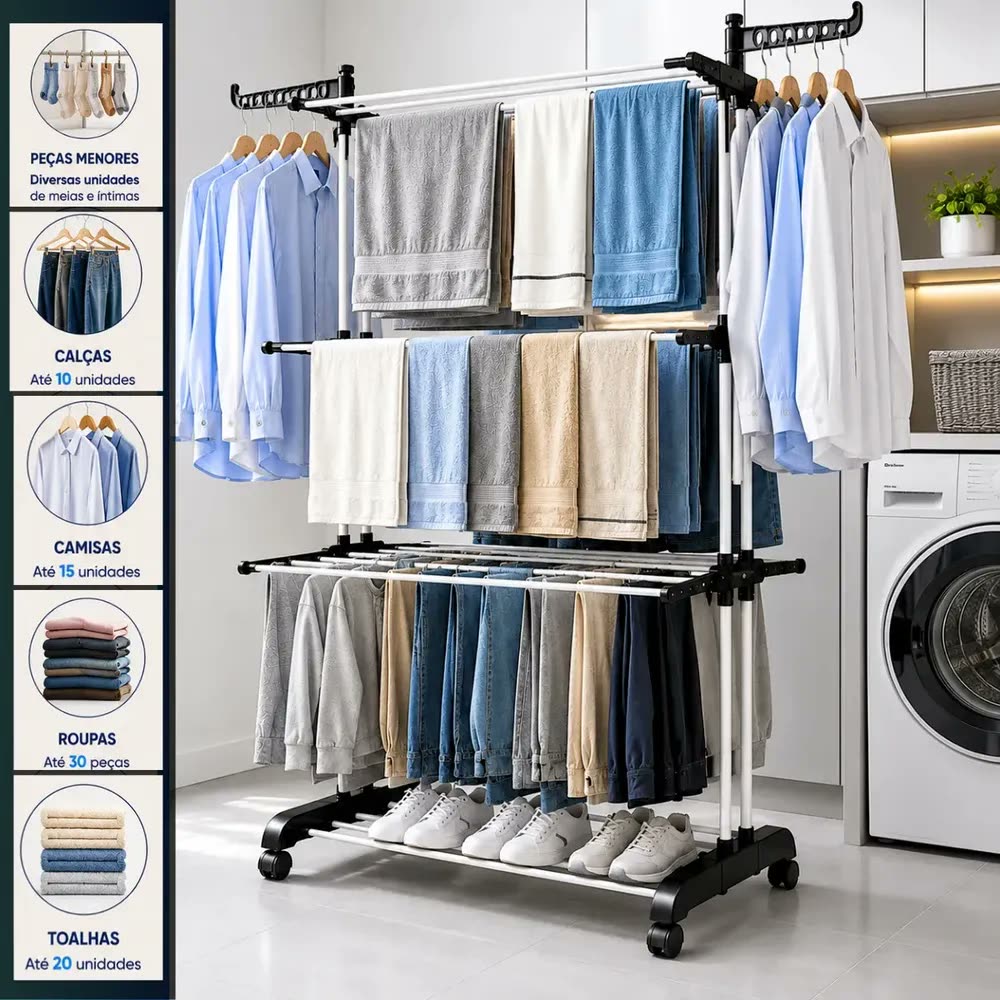 foto de Varal De Chão Grande 3 Andares Retrátil Dobrável Com Rodinhas Roupas Lavanderia Compacto Portátil Cor Preto MARCA: KEY PAPER
