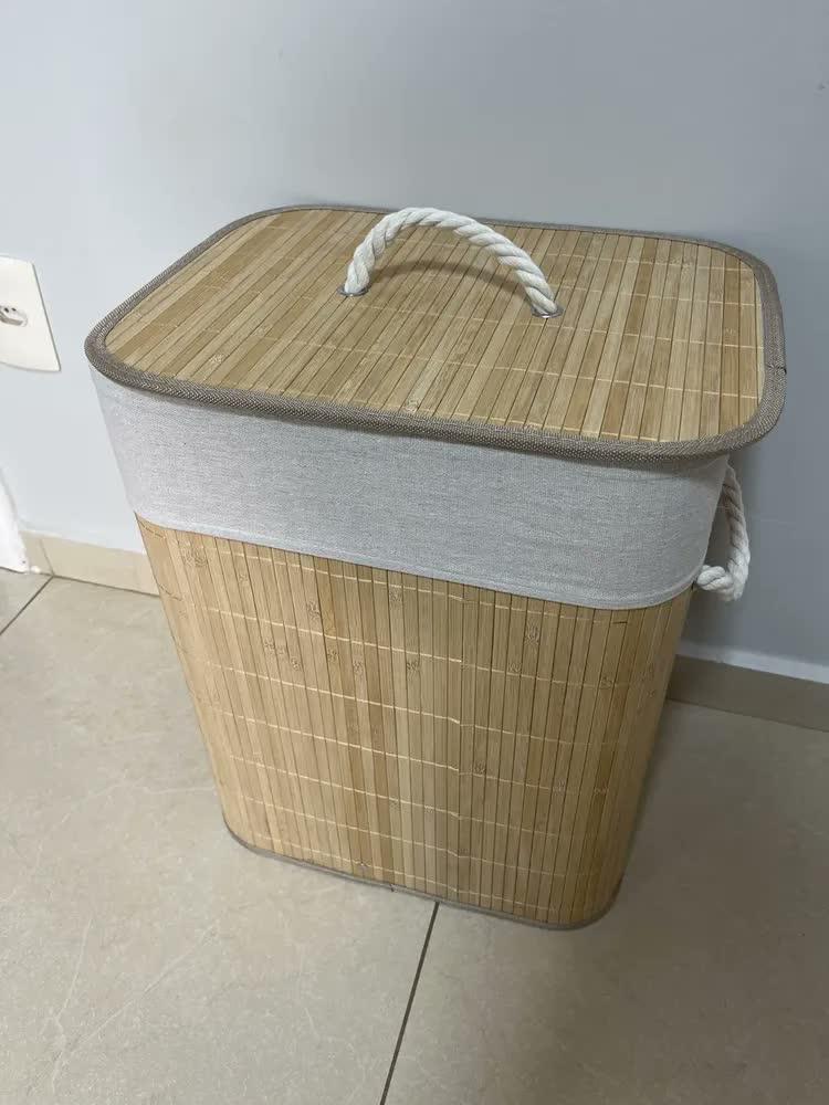 foto de Cesto De Roupa Bambu 50 Litros Dobrável Com Tampa E Alças Grande Organizador Lavanderia Banheiro Shokki